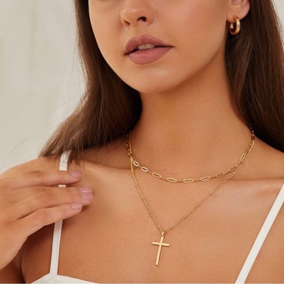 Gold 14k Plated 2pc Cross Chain Necklace - Picture 1 of 3
